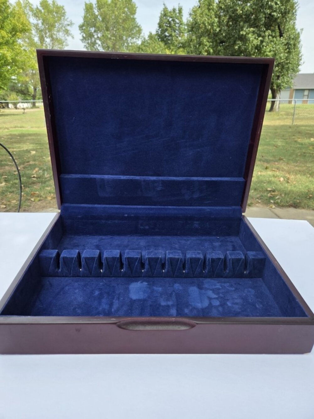 Wooden Flatware Storage Chest Box Case Faux Cherry Service 12 Silverware Blue